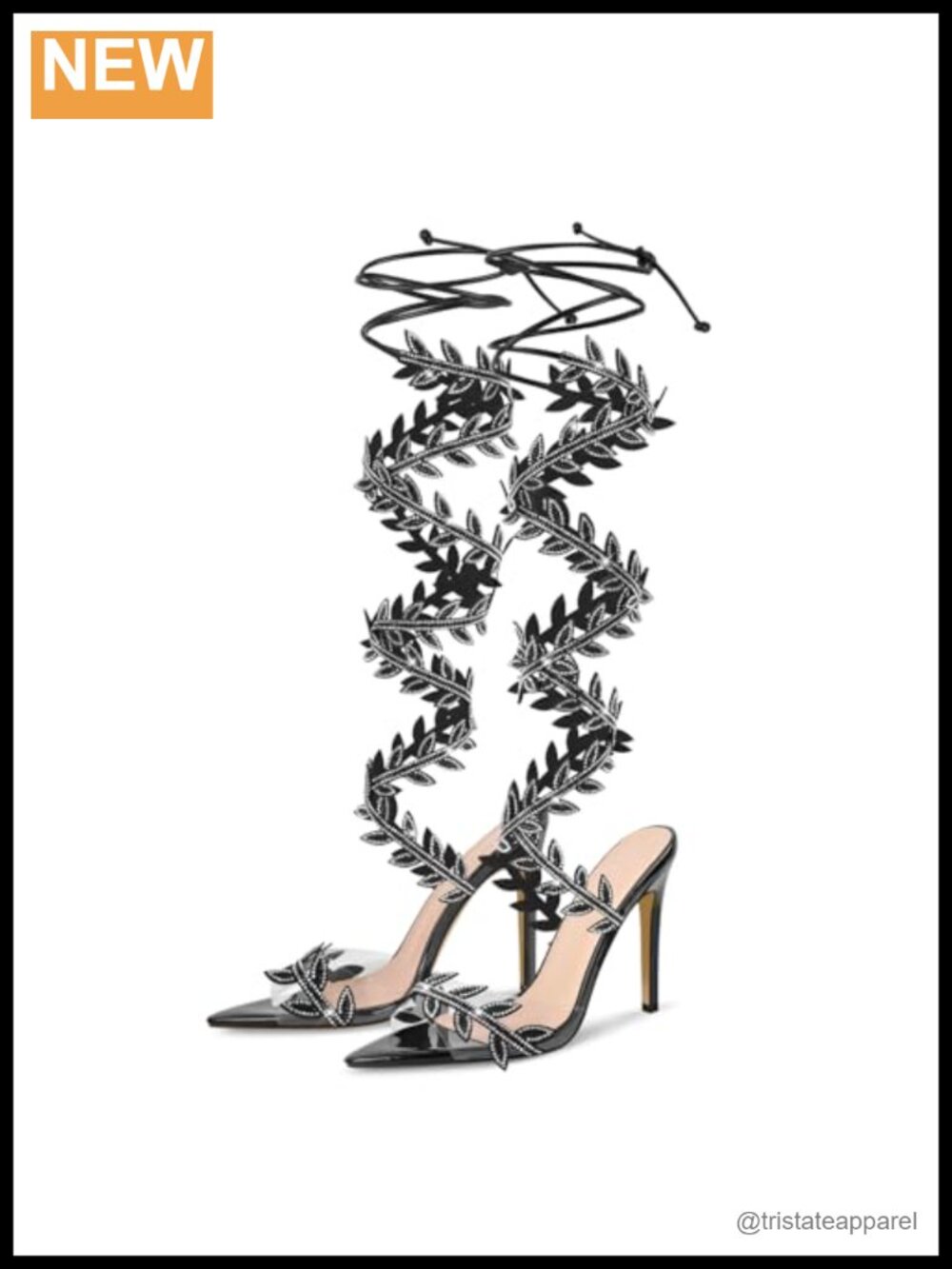 Rhinestone Gladiator Knee High Pointed Toe Stiletto Heel Sandals
